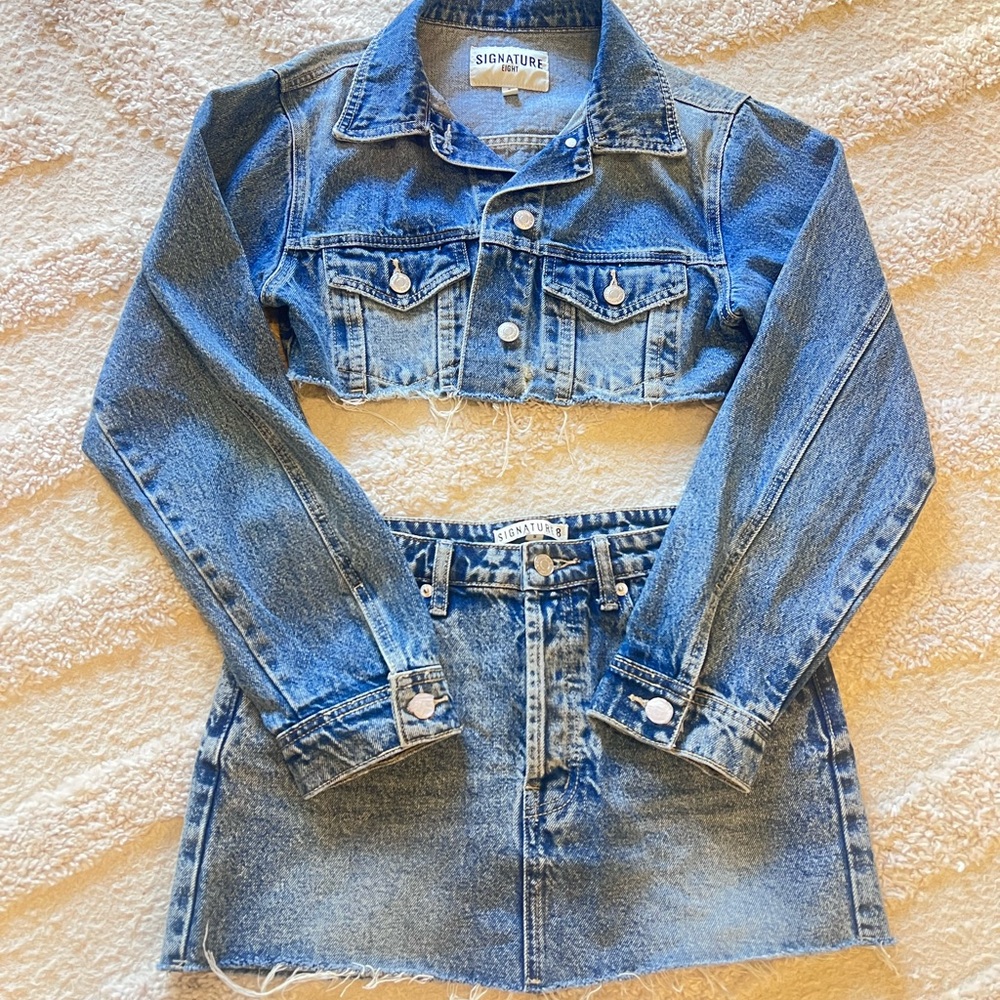 Signature Denim Blue Jacket and Skirt Ensemble